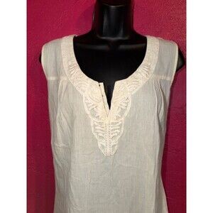 Eddie Bauer cream 100% cotton sheer sleeveless boho top. Crochet lace trim. Sz L